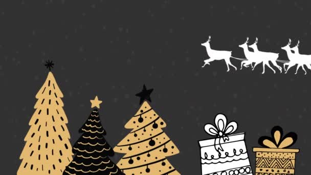 クリスマスツリーとギフトアイコンの上にトナカイによって引っ張られたスリーイでサンタクロースのアニメーション クリスマスのお祭りとお祝いのコンセプト — ストック動画