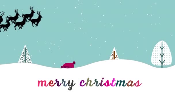 Анимация Санта Клауса Санях Затянутых Северными Оленями Над Рождественским Текстом — стоковое видео