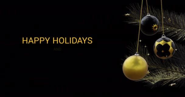Щасливі Свята Щасливий Новорічний Текст Чорно Золотими Різдвяними Сукнями Зірками — стокове відео