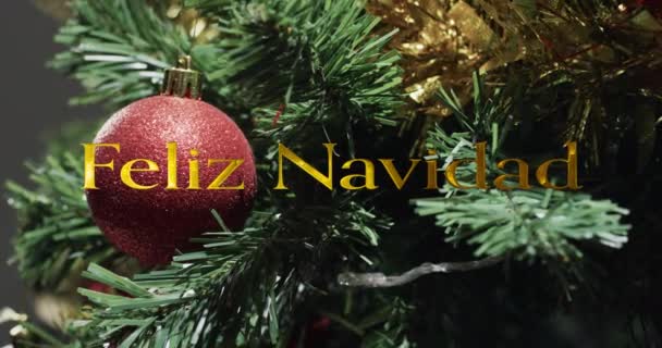 Feliz Navidad Texto Ouro Sobre Decorações Árvore Natal Natal Tradição — Vídeo de Stock