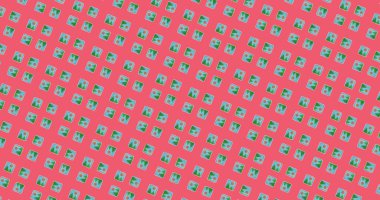 Pembe arkaplanda fotoğraf simgeleri deseni var. Şekil, renk, desen ve tekrarlama konsepti dijital olarak oluşturulmuş görüntü.