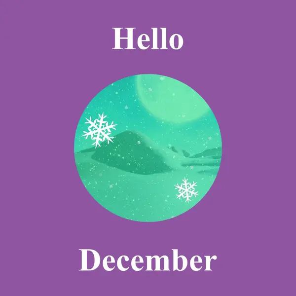 Witam Grudzień Tekst Fioletowy Płatków Śniegu Niebieski Krajobraz Zimowy Obchody — Zdjęcie stockowe