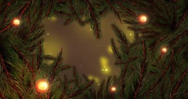 Sarı arka planda parlayan ışıkları olan köknar ağacı dallarının animasyonu. Noel, gelenek ve kutlama konsepti dijital olarak oluşturuldu.