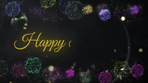 Animación Texto Felices Fiestas Sobre Fuegos Artificiales Nieve Cayendo Fondo — Vídeo de stock