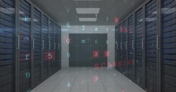 Animación Del Procesamiento Datos Seguridad Cibernética Contra Sala Servidores Informáticos — Vídeos de Stock