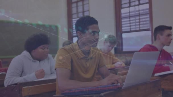 Animação Rede Conexões Contra Menino Afro Americano Usando Laptop Faculdade — Vídeo de Stock
