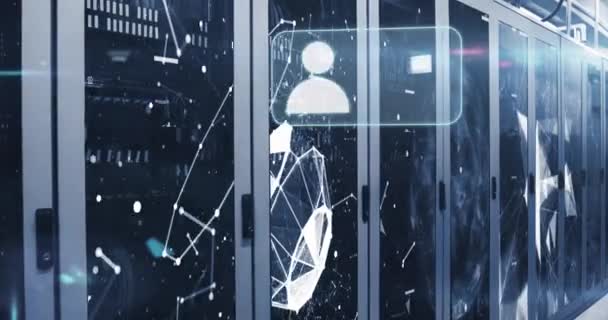 Animatie Van Profielpictogrammen Plexusnetwerken Lichtvlekken Tegen Computerserverruimte Global Networking Business — Stockvideo