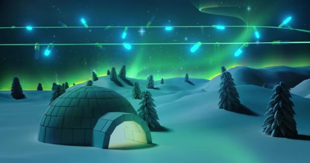 Modré Vánoční Reflektory Blikají Nad Zimní Scénou Iglú Severními Světly — Stock video
