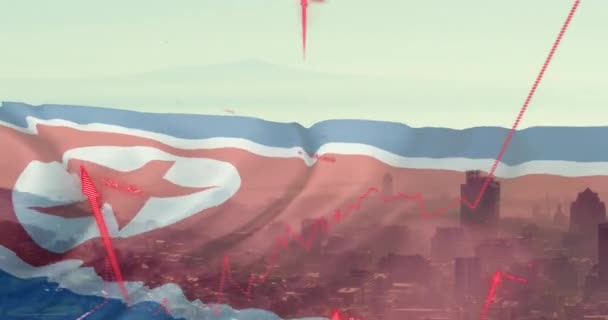 Анімація Червоних Стріл Прапор Північної Кореї Над Містом Глобальний Бізнес — стокове відео