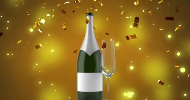 Animation Confetti Falling Glass Bottle Champagne Yellow Background New Year — Stock Video