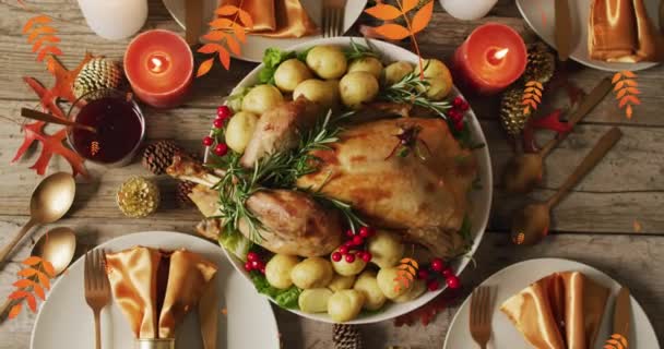 Animación Hojas Otoño Que Caen Sobre Fondo Cena Acción Gracias — Vídeo de stock