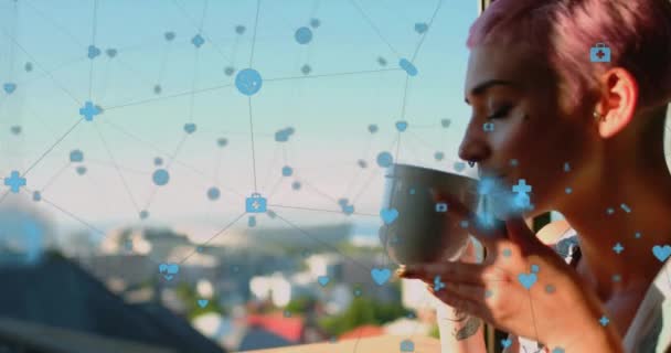 Animation Icons Connected Lines Biracial Woman Enjoying Coffee While Looking — Stock Video