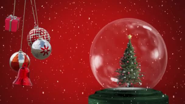 Animação Bugigangas Natal Globo Neve Neve Caindo Sobre Fundo Vermelho — Vídeo de Stock