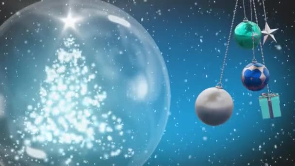 クリスマスバブル雪の地球と青い背景に降る雪のアニメーション クリスマス お祝いのコンセプトデジタル生成ビデオ — ストック動画