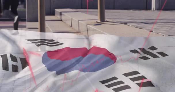 Kırmızı Oklar Güney Kore Bayrağı Şehirde Yürüyen Insanların Üzerinde Küresel — Stok video