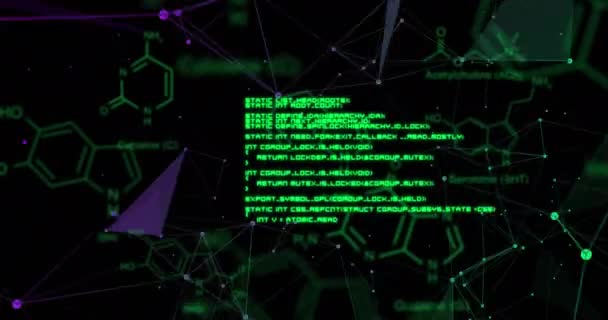 Animering Datorspråk Anslutna Punkter Och Molekylstrukturer Över Svart Bakgrund Digitalt — Stockvideo
