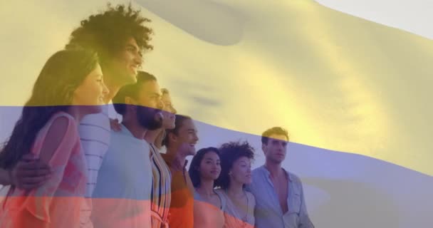 Animation Flag Colombia Waving Diverse Friends Forming Human Chain Looking — Stock Video