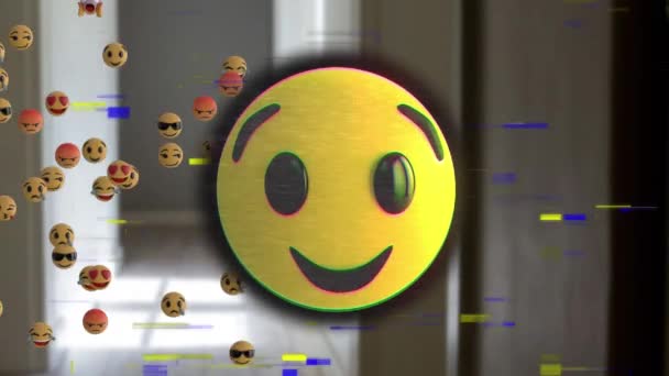 Animatie Van Interferentie Emoji Iconen Boven Het Interieur Social Media — Stockvideo