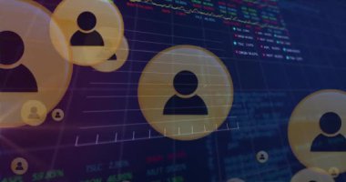 Profil simgelerinin animasyonu, birden fazla grafik, alım satım tahtaları, siyah arkaplan üzerinde bilgisayar dili. Dijital olarak üretilmiş, hologram, rapor, iş dünyası, borsa, kodlama ve teknoloji kavramı.