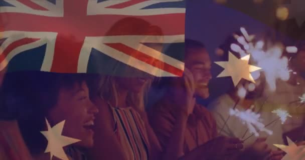 Kumsalda Havai Fişeklerle Kutlama Yapan Bir Grup Arkadaşın Avustralya Bayrağının — Stok video