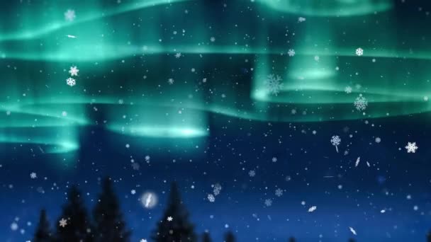 Animation Snö Faller Och Aurora Borealis Jul Vinter Landskap Bakgrund — Stockvideo