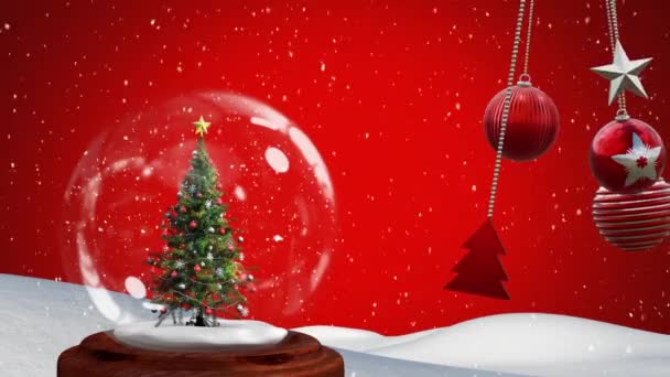 Animacja Świątecznych Dekoracji Śnieżnej Kuli Choinkowej Czerwonym Tle Boże Narodzenie — Wideo stockowe