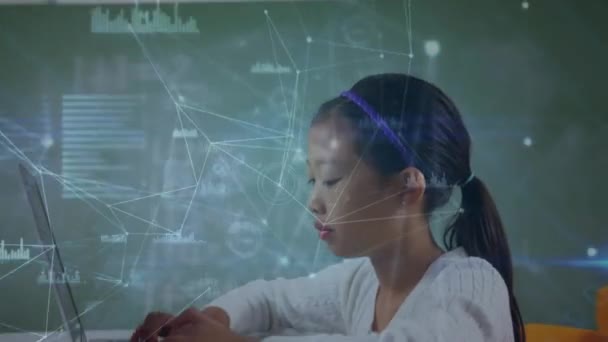 Анімація Мережі Язків Проти Азіатської Дівчини Використовує Ноутбук Школі Школа — стокове відео