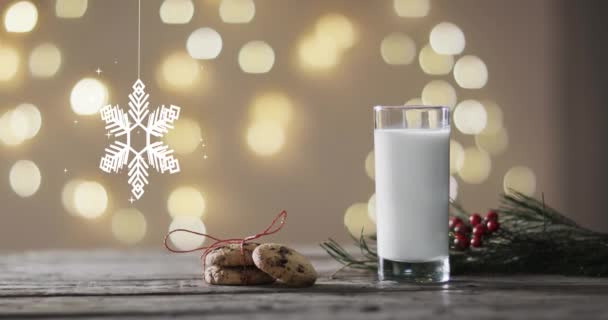Animazione Decorazioni Natalizie Con Fiocchi Neve Biscotti Bicchiere Latte Sfondo — Video Stock