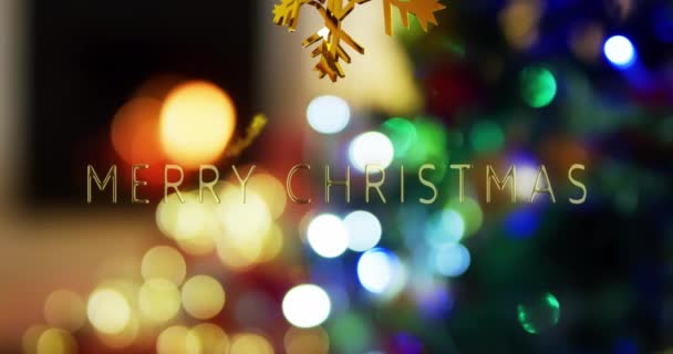 Animación Texto Navidad Feliz Sobre Copos Nieve Fondo Árbol Navidad — Vídeo de stock