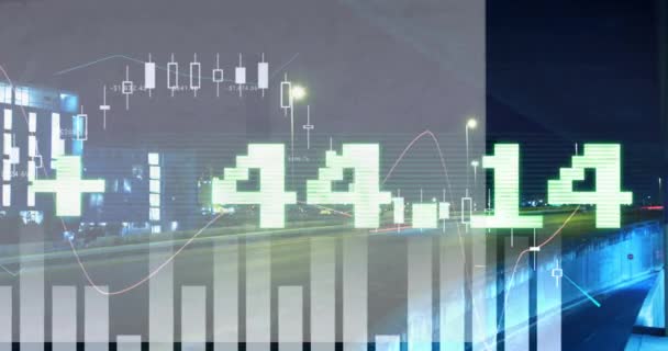 シティスケープ上のスコープとデータ処理のアニメーション グローバルビジネス コンピューティング データ処理コンセプトデジタル生成ビデオ — ストック動画