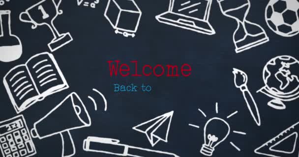 Animace Vítejte Zpět Školní Textový Banner Školní Koncept Ikony Modrém — Stock video