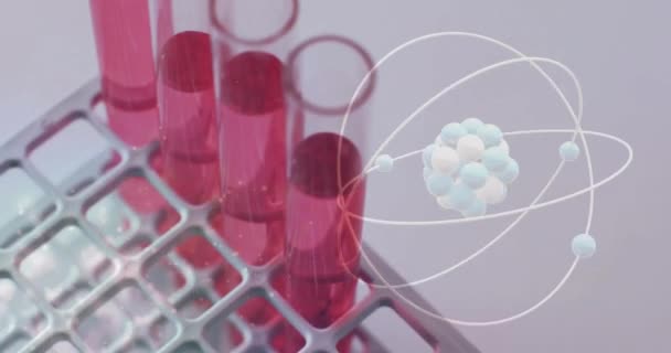 Animation Atome Sur Éprouvettes Laboratoire Sur Fond Gris Science Recherche — Video