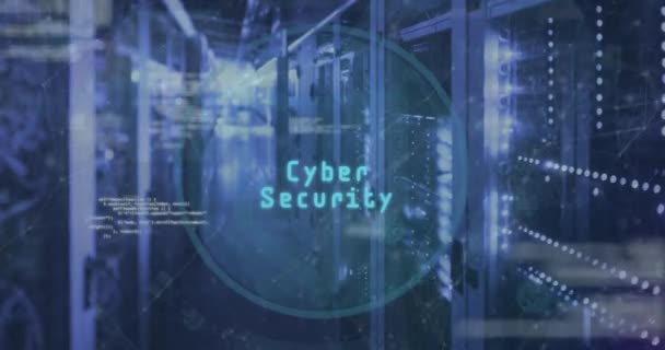 Animering Cybersäkerhetstext Rundskanner Ljuspunkt Databehandling Mot Serverrum Koncept För Cybersäkerhet — Stockvideo