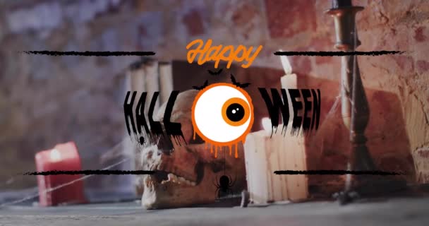 レンガの壁の背景にキャンドルと頭蓋骨の上にハッピーハロウィーンのテキストのアニメーション ハロウィーン お祝いのコンセプトデジタル生成ビデオ — ストック動画