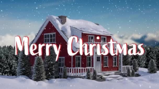 クリスマスの冬の風景に落ちる雪の上のメリークリスマステキストのアニメーション クリスマス お祝いのコンセプトデジタル生成ビデオ — ストック動画