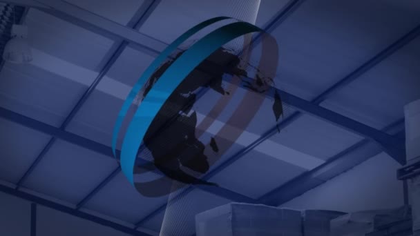 Animatie Van Ronde Scanners Draaiende Wereldbol Tegen Het Dak Van — Stockvideo
