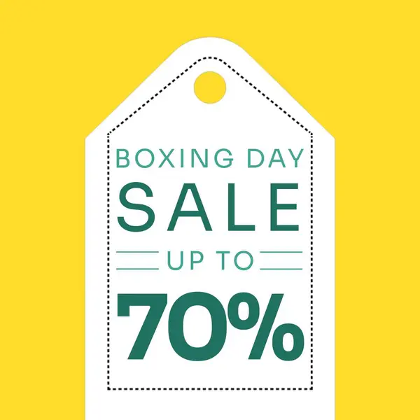 Illustration of boxing day sale upto 70 percent text on white tag against yellow background. Copy space, shopping, sale, vector, discount, marketing, template, design, retail, advertise concept.