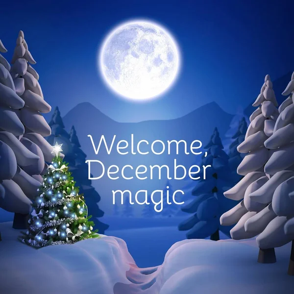 Composto Texto Mágico Bem Vindo Dezembro Sobre Cenário Inverno Dezembro — Fotografia de Stock