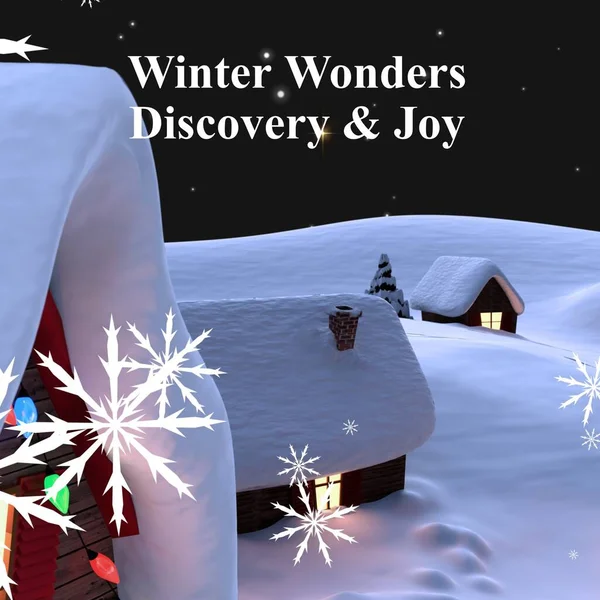 Composite of winter wonders discovery and joy text over winter scenery. Winter, christmas, seasons and celebration concept digitally generated image.