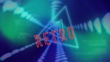 Kusursuz şablon ve veri işlemede neon üçgen tünel üzerine retro metin afişinin animasyonu. Gece kulübü ve retro parti konsepti