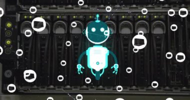 Ai chat robotlarının animasyonu ve bilgisayar sunucusu arkaplanındaki simgeler. Dijital olarak oluşturulmuş küresel yapay zeka, bağlantılar, iletişim ve dijital arayüz kavramı.