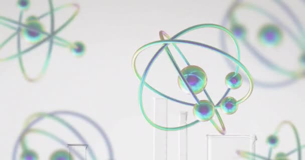 Animáció Atomok Mozgó Laboratóriumi Ételek Fehér Alapon Tudomány Kutatás Laboratóriumi — Stock videók