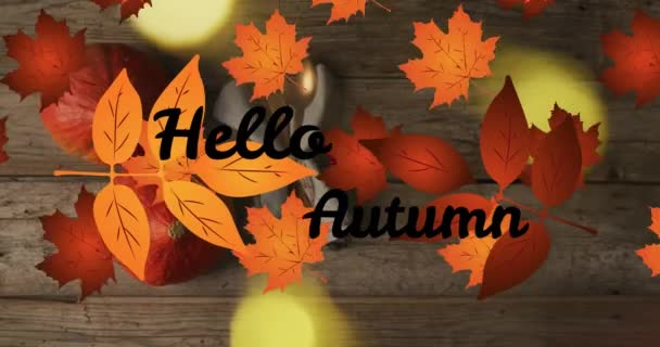 Animation Hellow Autumn Text Cutlery Autumn Leaves Wooden Background Thanksgiving — Stock Video