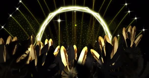 金色的叶子 图案和烟火在黑色背景上的动画 新年前夕 传统和庆祝活动的概念 — 图库视频影像