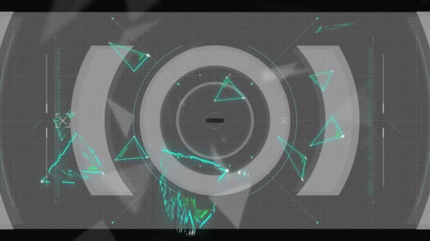 Neon Üçgenlerin Siyah Arkaplanda Tarama Alanındaki Animasyonları Küresel Veri Işleme — Stok video