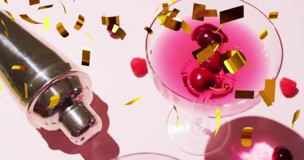 Animação Queda Confete Coquetéis Fundo Rosa Festa Bebida Entretenimento Celebração — Vídeo de Stock