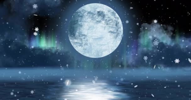 Анімація Повного Місяця Падіння Снігу Борделі Аурори Фоні Різдвяних Зимових — стокове відео