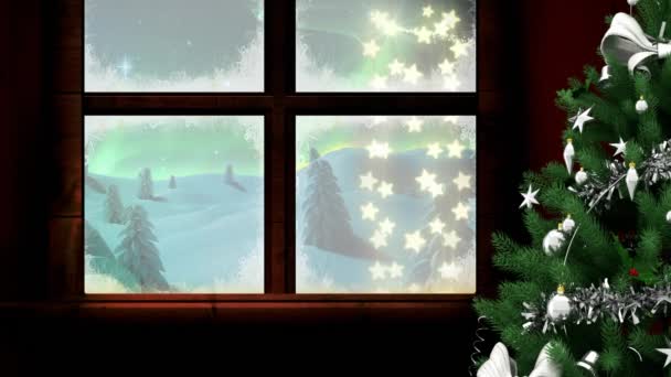 Анимация Окна Рождественской Елки Над Волшебными Огнями Зимним Пейзажем Рождество — стоковое видео