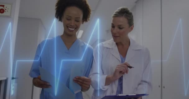 Animatie Van Hartslagmeter Diverse Vrouwelijke Arts Gezondheidswerker Bespreken Het Ziekenhuis — Stockvideo