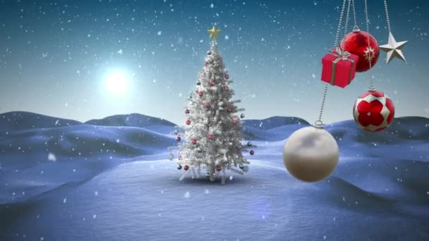 Animation Von Christbaumschmuck Über Dem Weihnachtsbaum Auf Winterlichem Hintergrund Weihnachten — Stockvideo
